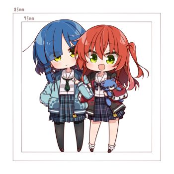 2girls alternate_costume black_pantyhose blue_hair blue_jacket blue_skirt bocchi_the_rock! brown_shoes chibi chibi_only chika_(06chimika13) closed_mouth collarbone commentary_request green_eyes green_necktie hair_ornament hairclip hand_in_pocket holding holding_stuffed_toy hood hood_down hooded_jacket jacket kita_ikuyo long_hair long_sleeves looking_at_viewer multiple_girls necktie open_clothes open_jacket pantyhose parallel_hairclips pleated_skirt purple_skirt red_hair red_jacket shoes short_hair simple_background skirt socks stuffed_animal stuffed_toy teddy_bear white_background white_socks yamada_ryo yellow_eyes