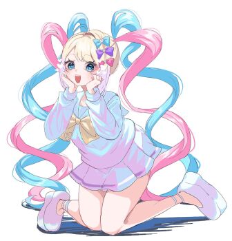 1girl :o blonde_hair blue_eyes blue_hair blue_serafuku bow chest_bow chouzetsusaikawa_tenshi-chan colored_tips full_body hair_bow hand_on_own_face highres kneeling looking_at_viewer multicolored_hair multiple_hair_bows needy_girl_overdose on_ground pink_hair platform_sandals quad_tails sandals school_uniform serafuku sidelocks solo teeth upper_teeth_only wide-eyed yashikikoi