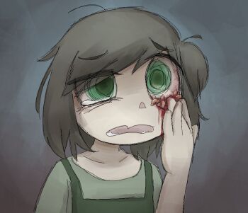 1girl bags_under_eyes blonde_hair blood bloody_tears body_horror collarbone green_eyes green_overalls green_shirt guro horror_(theme) jaggy_lines lower_teeth_only mentha_(menthalovely) mint_(menthalovely) open_mouth original overalls parasite shirt short_hair solo teeth upper_body wavy_mouth