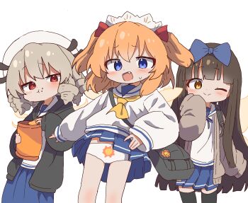 alternate_costume bag_of_chips blonde_hair blue_eyes blue_skirt brown_hair chips_(food) cowboy_shot eating fang food hat highres loli long_hair luna_child magg_(user_mtca8588) medium_hair miniskirt neckerchief one_eye_closed open_mouth orange_hair panties pantyshot pleated_skirt potato_chips print_panties red_eyes school_uniform serafuku shirt skirt standing star_sapphire sun_print sunny_milk touhou touhou_sangetsusei two_side_up underwear white_hat white_panties white_shirt yellow_neckerchief