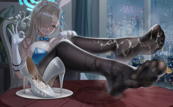 1girl absurdres animal_ears aqua_leotard asuna_(blue_archive) asuna_(bunny)_(blue_archive) black_pantyhose blue_archive blue_bow blue_bowtie blue_eyes blue_halo blue_leotard blue_ribbon bow bowtie breasts cang_se_ye_hua cum cum_in_footwear cum_on_body cum_on_feet cum_on_legwear dorsiflexion fake_animal_ears feet feet_on_table foot_focus gloves hair_over_one_eye halo high_heels highres large_variant_set legs leotard long_hair looking_at_viewer no_shoes pantyhose playboy_bunny rabbit_ears ribbon shoes smile soles stiletto_heels strapless strapless_leotard table thighband_pantyhose toe_seam toes unworn_shoes variant_set wet wet_clothes wet_pantyhose white_gloves