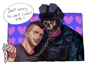 2boys bara beard_stubble black_hair call_of_duty call_of_duty:_modern_warfare_2 chain chain_leash english_text facial_hair ghost_(modern_warfare_2) heart heart_background highres holding holding_leash kdf_(nomorelemontea) leash looking_at_viewer male_focus mask mature_male multiple_boys muscular muscular_male mustache_stubble pet_play short_hair skull_mask smile soap_(modern_warfare_2) stubble thick_eyebrows undercut upper_body yaoi