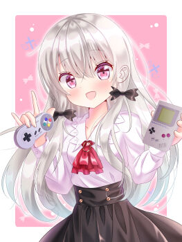 1girl \m/ ascot black_ribbon black_skirt brooch controller cross game_boy game_controller grey_hair hair_ribbon handheld_game_console high-waist_skirt highres holding holding_controller holding_game_controller holding_handheld_game_console jewelry long_hair pink_background red_ascot red_eyes ribbon shirt skirt sophie_twilight super_famicom_gamepad tonari_no_kyuuketsuki-san white_shirt yu-ka0919