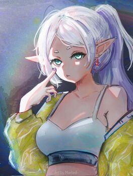 Rule 34 | 1girl, abstract background, akanbe, alternate costume, alternate hairstyle, armpit crease, artist name, breasts, cleavage, collarbone, commentary, contemporary, earrings, elf, eyelid pull, finger to eye, frieren, green eyes, grey hair, hand up, high ponytail, highres, jacket, jewelry, long hair, medium breasts, morted art, nail polish, open clothes, open jacket, parted bangs, pointy ears, ponytail, purple nails, single off shoulder, solo, sousou no frieren, sports bra, teardrop earrings, tongue, tongue out, upper body, white sports bra, yellow jacket