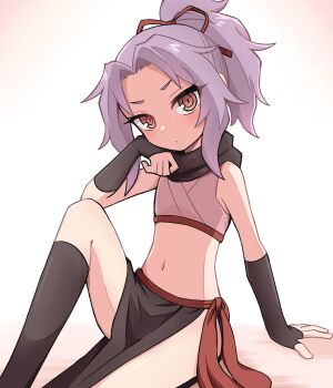 1girl black_scarf crop_top expressionless flat_chest grey_hair highres koonowen kunoichi_tsubaki_no_mune_no_uchi looking_at_viewer navel ninja orange_eyes ringed_eyes sazanka_(kunoichi_tsubaki_no_mune_no_uchi) scarf sitting solo