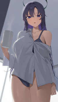 1girl absurdres black_halo blue_archive blue_bra blue_eyes blue_hair blue_panties bra breasts commentary_request cup grey_shirt halo highres holding holding_cup large_breasts long_hair looking_at_viewer mm_(mhm2592) panties shirt solo standing steam thighs underwear yuuka_(blue_archive)