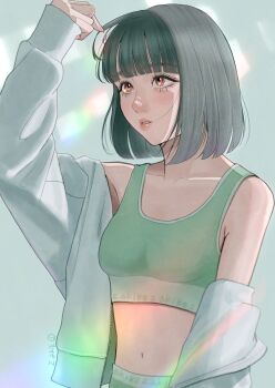 1girl artist_name black_hair blunt_bangs bob_cut breasts brown_eyes clothes_writing collarbone commentary_request eyelashes green_panties green_sports_bra grey_background highres jacket long_sleeves looking_at_self looking_up navel off_shoulder open_clothes open_jacket original panties parted_lips short_hair sleeves_past_wrists solo sports_bra sports_panties stomach underwear underwear_writing upper_body white_jacket zakikoillust