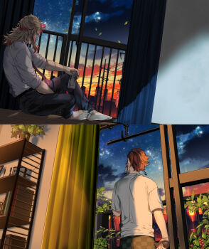 2boys balcony barefoot belt black_belt black_pants blonde_hair book bookshelf bottle brown_hair can checkered_clothes cityscape cloud collared_shirt colored_tips contemporary curtains earrings eggplant facing_away falling_leaves food from_behind hanafuda_earrings hashimoto_(yanagi-momo) holding holding_can holding_food holding_vegetable implied_yaoi indoors jewelry kamado_tanjirou kimetsu_no_yaiba leaf long_hair male_focus multicolored_hair multiple_boys necktie night open_window pants plant potted_plant railing red_hair red_necktie rengoku_kyoujurou shirt short_hair short_sleeves sitting sky sleeves_rolled_up socks split_screen standing star_(sky) starry_sky streaked_hair t-shirt two-tone_hair utility_pole vegetable white_shirt window