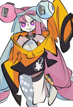 1girl aqua_hair bow-shaped_hair cxdotchison double_bun hair_bun highres iono_(pokemon) jacket long_hair long_sleeves multicolored_hair nintendo pink_hair pokemon purple_eyes solo yellow_jacket