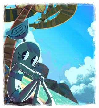 1girl android beach bikini blue_bikini blue_hair cloud colored_skin gashi-gashi humanoid_robot jenny_wakeman joints metal_skin my_life_as_a_teenage_robot ocean palm_tree robot robot_girl robot_joints sand screw sky swimsuit toon_(style) tree white_skin