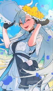 1girl age_nasuo asymmetrical_bangs beach black_dress black_gloves blue_sky blush breasts capelet dress fate/grand_order fate_(series) flower gloves hair_ribbon hat hat_flower highres horns long_hair looking_at_viewer medium_breasts olga_marie_animusphere one_eye_closed open_mouth orange_eyes ribbon shore sky smile solo sun_hat two-tone_dress u-olga_marie u-olga_marie_(first_ascension) very_long_hair white_capelet white_dress white_hair white_hat