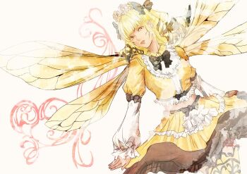 1girl arthropod_girl bee_girl bee_wings black_bow black_bowtie blonde_hair bow bowtie breasts commentary copyright_name cropped_shirt dark-skinned_female dark_skin facial_mark final_fantasy final_fantasy_xiv flower green_eyes hair_bow head_wreath heterochromia honey_b._lovely insect_girl insect_wings layered_sleeves long_sleeves medium_breasts medium_hair orange_flower parted_lips pink_flower puffy_sleeves red_lips ruka_(blueplus84) shirt shirt_bow short_over_long_sleeves short_sleeves skirt skirt_bow sleeve_bow solo thighhighs wings yellow_eyes yellow_shirt yellow_skirt yellow_thighhighs yellow_wings zettai_ryouiki