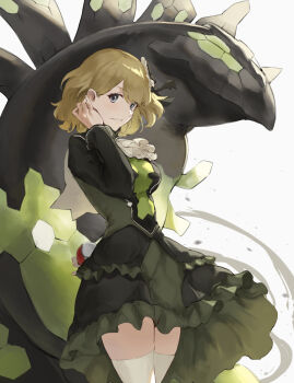 1girl 1other blonde_hair gen_6_pokemon highres jojobirdz legendary_pokemon looking_at_viewer nintendo pokemon pokemon_masters_ex serena_(pokemon) serena_(sygna_suit)_(pokemon) short_hair skirt zygarde zygarde_core