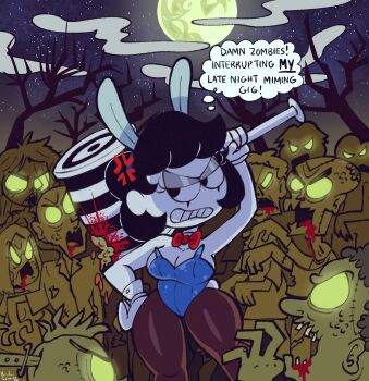 Rule 34 | 1girl, artist name, black eyes, blue leotard, colored skin, english text, gloves, half-closed eyes, highres, imrachets, leotard, mime, mute, mute the mime (imrachets), open mouth, playboy bunny, signature, solo, speech bubble, teeth, thought bubble, white gloves, white skin