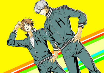 2boys arm_up brown_eyes brown_hair collarbone grey_hair gym_uniform hanamura_yousuke hands_on_own_hips highres long_sleeves looking_at_another male_focus multiple_boys narukami_yu one_eye_closed open_mouth persona persona_4 sa1meunegg shirt short_hair smile white_shirt yellow_background