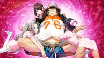 Rule 34 | 1boy, 3girls, antenna hair, belt, belt buckle, black hair, black vest, blue eyes, blue ribbon, blue shoes, boots, brown eyes, brown hair, buckle, butterfly sitting, clenched teeth, clothes lift, daitoku junna, dark-skinned female, dark skin, dress, drooling, ears visible through hair, fat, fat man, floating, fukuda tomonori, glasses, grey hair, grey shorts, grin, hand on another's stomach, hand under clothes, harem, hashida itaru, hat, high heels, highres, hood, hooded vest, hoodie, light particles, long hair, looking at another, lotus position, meditation, medium hair, mouth drool, mudra, multiple girls, navel, non-web source, nurse, nurse cap, official art, opaque glasses, orange shirt, orange shorts, pervert, pink dress, ponytail, purple background, ribbon, robotics;notes, robotics;notes dash, saliva, science adventure, senomiya akiho, shirt, shoelaces, shoes, short hair, shorts, side ponytail, single sidelock, sitting, smile, sneakers, stray hair, striped clothes, striped shirt, striped shorts, t-shirt, tan, teeth, thick thighs, thighhighs, thighs, v-shaped eyebrows, vest, white belt, white boots, white shirt, white thighhighs, wristband, yukifune airi, zettai ryouiki