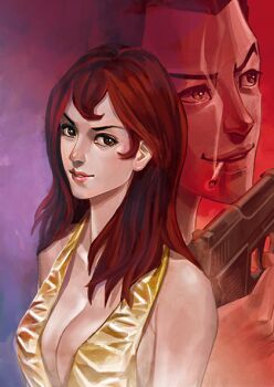 Rule 34 | 1boy, 1girl, arsene lupin iii, bare arms, bare shoulders, black hair, brown eyes, cigarette, commentary request, dress, gun, halter dress, halterneck, handgun, holding, holding gun, holding weapon, lips, lipstick, lupin iii, makeup, medium hair, mine fujiko, mouth hold, parted lips, pink lips, plunging neckline, red hair, sengoku gallery, short hair, sleeveless, sleeveless dress, smile, smoke, smoking, v-shaped eyebrows, walther, walther p38, weapon