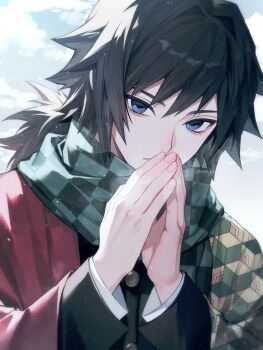 1boy belt black_hair black_jacket black_pants blue_eyes buttons checkered_clothes checkered_scarf cloud commentary_request demon_slayer_uniform empty_eyes fingernails gold_buttons hair_between_eyes hands_up haori high_collar highres jacket japanese_clothes kikkoumon kimetsu_no_yaiba long_hair looking_at_viewer low_ponytail male_focus own_hands_together pants ponytail print_haori scarf solo spiked_hair tomioka_giyuu twitter_username upper_body urr_gy white_belt