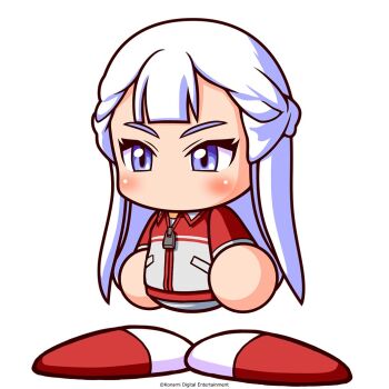 Rule 34 | 1girl, artist request, commentary request, copyright notice, grey jacket, grey pants, half updo, jacket, jikkyou powerful pro yakyuu, jikkyou powerful pro yakyuu (style), kune mia, long hair, multicolored jacket, multicolored shoes, no mouth, official art, pants, power pro appli, purple eyes, rayman limbs, red jacket, red shoes, shirt, shoes, solo, track jacket, two-tone jacket, two-tone shoes, white background, white hair, white shirt, white shoes