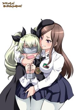 Rule 34 | 2girls, absurdres, alternate costume, anchovy (girls und panzer), anzio (emblem), anzio school uniform, arm around neck, beret, black cape, black hat, black necktie, blindfold, blue skirt, blush, bound, bound wrists, brown hair, cape, commentary, cosplay, crossover, dated, dorothy (princess principal), dress shirt, drill hair, duct tape, emblem, flying sweatdrops, frown, girls und panzer, green hair, grin, hair ribbon, hand on another's crotch, hand on another's face, hat, highres, inoue yoshihisa, leaning forward, long hair, long sleeves, looking at another, miniskirt, multiple girls, necktie, open mouth, pantyhose, pepperoni (girls und panzer), pepperoni (girls und panzer) (cosplay), pleated skirt, princess principal, purple eyes, ribbon, school uniform, shirt, skirt, smile, standing, swept bangs, taichi you, textless version, twin drills, twintails, twitter username, voice actor connection, white background, white pantyhose, white shirt, wing collar