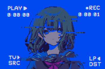 1girl asleep_onthebed black_serafuku blue_background blue_eyes blue_hair blunt_bangs english_text fake_photograph glitch hair_between_eyes looking_at_viewer neck_ribbon original pink_ribbon portrait ribbon school_uniform serafuku short_hair solo static