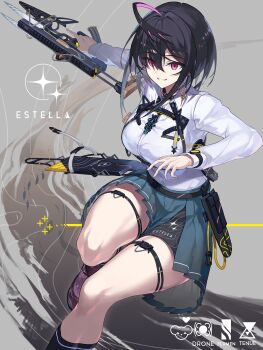 1girl absurdres black_hair black_socks breasts green_skirt grey_background gun hide448 highres large_breasts medium_hair multicolored_hair original pink_eyes purple_hair science_fiction shirt skirt socks solo thighs two-tone_hair weapon white_shirt