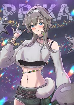 \m/ absurdres backsine belt black_choker black_sports_bra blue_eyes blush breasts brown_belt character_name choker commentary fingerless_gloves gloves goddess_of_victory:_nikke green_shorts grey_gloves grey_hair grey_shirt hairband headband headset highres idol large_breasts long_hair looking_at_viewer midriff navel open_mouth prika_(nikke) shirt shorts single_bare_shoulder spiked_choker spikes sports_bra white_headband