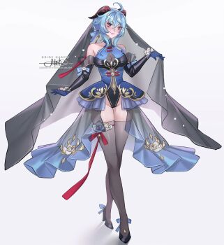 1girl ahoge alternate_costume bare_shoulders black_footwear black_leotard black_sleeves black_thighhighs black_veil blue_dress blue_gloves blue_hair blush breasts character_name cleavage collarbone commentary detached_sleeves dress english_commentary english_text full_body ganyu_(genshin_impact) genshin_impact gloves goat_horns hair_between_eyes high_heels highleg highleg_leotard highres horns large_breasts leotard light_blue_hair light_smile looking_at_viewer princess_ailish purple_eyes see-through_cleavage see-through_clothes short_hair_with_long_locks signature simple_background sleeveless sleeveless_dress leotard solo standing thighhighs typo veil white_background