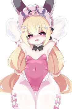 1girl :3 ahoge animal_ears arms_behind_head arms_up black_bow black_bowtie blonde_hair blush boots bow bowtie detached_collar detached_sleeves fake_animal_ears flat_chest hair_ornament hairband hairclip heart heart_hair_ornament highres indie_virtual_youtuber kukuchi581 lace-trimmed_leotard lace_trim leotard lolita_hairband long_hair long_sleeves looking_at_viewer low_twintails open_mouth pantyhose pink_bow pink_eyes pink_leotard playboy_bunny rabbit_ears see-through_clothes see-through_sleeves smile standing sylvie_ruru thigh_boots twintails virtual_youtuber white_pantyhose wide_hips wing_hair_ornament