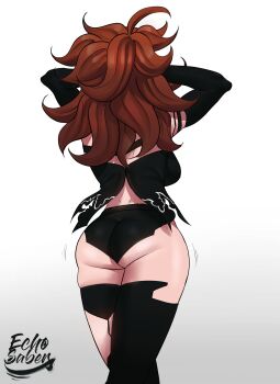 1girl a2_(nier:automata) a2_(nier:automata)_(cosplay) absurdres android_21 arms_up artist_name ass back black_chemise black_gloves black_hair black_shorts black_thighhighs breasts brown_hair chemise cosplay dragon_ball dragon_ball_fighterz echo_saber elbow_gloves gloves gluteal_fold highres long_hair medium_breasts nier_(series) short_shorts shorts sideboob solo thigh_gap thighhighs torn_clothes torn_thighhighs