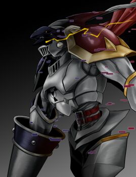 Rule 34 | 1boy, armor, black armor, black background, black helmet, cape, chaosdukemon, cowboy shot, dark background, digimon, digimon (creature), dukemon, eye trail, glitch, gradient background, grey background, helmet, highres, holding, holding polearm, holding weapon, knight, lance, light trail, making-of available, male focus, manchi kansuke, polearm, red cape, simple background, solo, transformation, weapon, white armor, yellow eyes