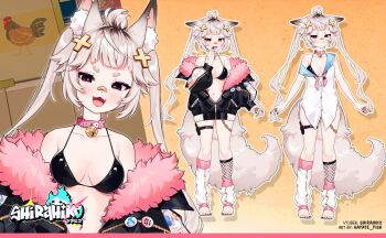 1girl animal_ear_fluff animal_ears bandaid bandaid_on_face bandaid_on_nose barefoot black_bra black_jacket black_nails blonde_hair blue_sailor_collar blush bra breasts chain cleavage closed_eyes closed_mouth collar fang feet fox_ears fox_girl fox_tail hair_ornament hayate_fish highres indie_virtual_youtuber jacket laughing leg_warmers legs looking_at_viewer multiple_expressions official_art open_mouth orange_eyes pink_collar reference_sheet sailor_collar shirahiko_(vtuber) shirt short_eyebrows short_hair single_fishnet_legwear sleeveless sleeveless_shirt small_breasts standing tail thigh_strap thighs toes twintails underwear virtual_youtuber white_shirt x_hair_ornament