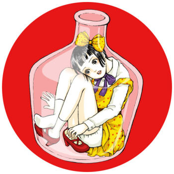 Rule 34 | 1girl, asteleps, black eyes, black hair, blush, bottle, collared shirt, commentary request, dress, jar, midori (shoujo tsubaki), polka dot, polka dot dress, purple ribbon, red shoes, ribbon, shirt, shoes, shoujo tsubaki, sitting, socks, solo, solo focus, underwear, white socks, yellow dress, yellow ribbon
