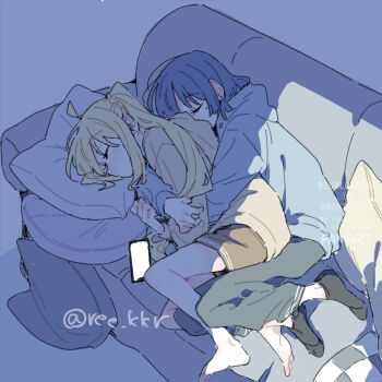 2girls barefoot blonde_hair blue_hair blue_hoodie bocchi_the_rock! brown_shorts cellphone green_pants highres hood hoodie hug ijichi_nijika indoors long_hair multiple_girls pants phone ponytail ree_(re-19) shirt short_hair shorts sleeping smartphone twitter_username yamada_ryo yellow_shirt yuri