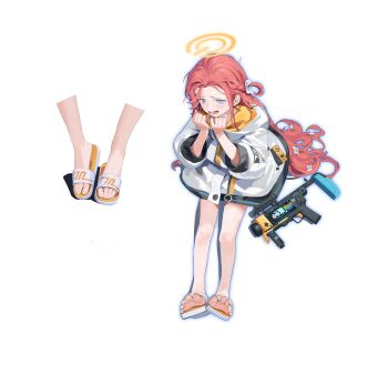 1girl absurdres blue_archive blue_eyes blush bow braid commentary controller feet feet_only full_body game_controller hair_bow halo highres jacket long_hair lower_teeth_only m320 millennium_science_school_logo multiple_views niunaigaoban nyan_cat open_mouth orange_halo red_hair sandals simple_background sitting slides spread_toes symbol-only_commentary teeth toenails toes white_background white_bow white_jacket yuzu_(blue_archive)