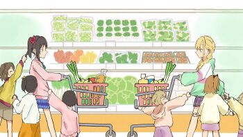 1boy 6+girls baguette bean_sprout bell_pepper black_hair blonde_hair blue_jacket blue_skirt blurry blurry_background bow braid bread brown_hair cabbage character_request food fujita_kotone gakuen_idolmaster grabbing_another's_hair hair_bow highres holding_another's_hair hood hoodie idolmaster jacket love_live! medium_hair multiple_girls napa_cabbage orange_skirt pink_hoodie pink_shirt plaid_clothes plaid_skirt pointing pulling_another's_clothes purple_skirt red_bow school_uniform shirt shopping_cart short_hair skirt spring_onion standing supermarket syoma_(1026syoma) twin_braids walking white_shirt yazawa_cocoa yazawa_cocoro yazawa_cotaro yazawa_nico yellow_hoodie yellow_shirt