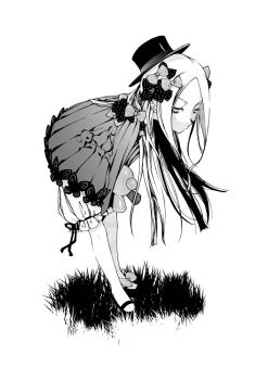 1girl abigail_williams_(fate) bloomers bow commentary_request dress fate/grand_order fate_(series) full_body grass greyscale hair_bow hat kuromasa_shisei leaning_forward long_hair looking_at_viewer monochrome solo stuffed_animal stuffed_toy teddy_bear underwear