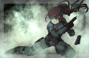 1girl bad_id bad_twitter_id belt black_belt black_boots black_headband bodysuit boots brown_hair cosplay full_body green_eyes gun headband highres holding holding_gun holding_weapon holster idolmaster idolmaster_cinderella_girls image_sample inactive_account knee_pads long_hair metal_gear_(series) metal_gear_solid_2:_sons_of_liberty motion_blur open_mouth ponytail ruru_ashihara smoke solid_snake solid_snake_(cosplay) solo thigh_holster twitter_sample weapon yamato_aki