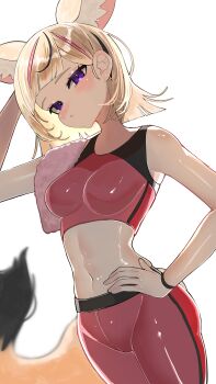 1girl absurdres alternate_costume alternate_hairstyle animal_ears arm_up black_streaks blonde_hair breasts closed_mouth commentary_request fox_ears fox_girl fox_tail hand_on_own_hip highres hololive looking_at_viewer medium_breasts medium_hair navel omaru_polka pants pink_streaks purple_eyes red_pants red_shirt shirt solo tail virtual_youtuber white_background yuuppi