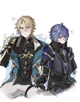 2boys black_gloves blonde_hair blue_eyes blush closed_eyes cup flins_(genshin_impact) genshin_impact gloves highres holding holding_cup jirainashi_0 long_sleeves male_focus multiple_boys open_mouth varka_(genshin_impact) white_background yaoi