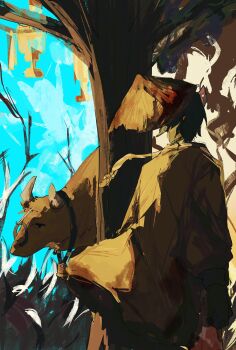 1boy absurdres bell black_gloves brown_coat coat commentary cow cow_horns cowbell day dongrang_(project_moon) e.g.o_(project_moon) farmwatch_(e.g.o) gloves grass hat highres horns limbus_company male_focus official_alternate_costume project_moon rice_hat short_hair sixgod solo tree