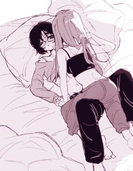2girls alien_stage barefoot blush camisole coldmeow commentary crop_top glasses greyscale hickey highres holding_hands interlocked_fingers long_hair mizi_(alien_stage) monochrome multiple_girls on_bed one_eye_closed pants parted_lips pillow short_hair sua_(alien_stage) yuri
