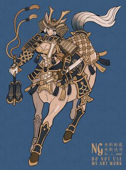 1girl absurdres animal_ears armor barding blue_background breasts centaur cleavage closed_mouth commentary_request doshaburi_(kushira) fukigaeshi grey_eyes gunbai hand_fan hand_on_sheath helmet highres holding holding_fan holding_sword holding_weapon horse_ears horse_tail japanese_armor kabuto_(helmet) kodachi large_breasts monster_girl original pelvic_curtain sheath sheathed shikoro shin_guards short_sword shoulder_armor smile sode solo suneate sword tachi_(weapon) tail tassel taur twitter_username waist_tassel war_fan weapon white_hair