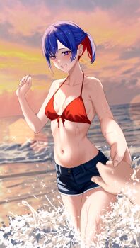 1girl 1other absurdres beach bikini blue_eyes blue_hair blue_shorts breasts cloud cloudy_sky collarbone commentary cowboy_shot grin hand_up highres holding_hands kamitsubaki_studio kizakura_art lens_flare looking_at_viewer multicolored_hair navel ocean orange_sky outdoors ponytail pov pov_hands red_bikini red_hair rim_(kamitsubaki_studio) short_hair short_ponytail short_shorts shorts sky small_breasts smile swimsuit untranslatable_commentary thighs two-tone_hair virtual_youtuber yellow_pupils