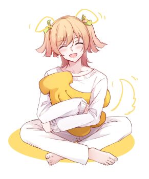 1girl :d ^_^ animal_ears banana barefoot blonde_hair blush clenched_hands closed_eyes collarbone commentary_request daiba_nana dog_ears dog_tail drawn_ears drawn_tail facing_viewer food fruit full_body gemi_25 green_ribbon hair_ribbon highres hugging_doll hugging_object indian_style long_sleeves motion_lines open_mouth pajamas pants ribbon shirt short_hair shoujo_kageki_revue_starlight simple_background single_sleeve_past_wrist sitting smile solo stuffed_food tail tail_wagging two-tone_background two_side_up white_background white_pajamas white_pants white_shirt yellow_background