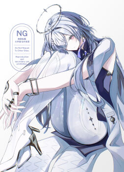 1girl closed_mouth commentary dress earrings grey_background grey_hair hair_ornament hair_over_one_eye halo high_heels highres jacket jewelry knees_up long_hair looking_at_viewer mornye_(wuthering_waves) purple_dress qf_ivi red_eyes see-through_body sitting smile solo tacet_mark_(wuthering_waves) thighs triangle_earrings watermark white_jacket wuthering_waves