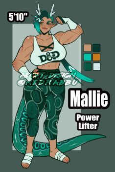 1girl abs aqua_hair aqua_pants aqua_tail asymmetrical_hair bandaged_foot bandages bare_shoulders body_freckles breasts brown_eyes character_name cleavage color_guide commentary dark-skinned_female dark_skin dragon_girl dragon_horns dragon_tail english_commentary flexing freckles full_body hand_up height horns large_breasts long_hair mallie_(lone_magi) midriff muscular muscular_female original pants pointy_ears ponytail redrabbu shoulder_freckles solo sports_bra standing tail thick_eyebrows twitter_username undercut watermark white_horns white_sports_bra