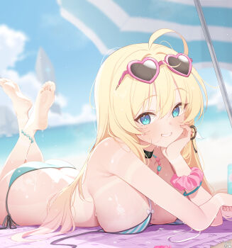 1girl ahoge ass bare_shoulders beach bikini blonde_hair blue_bikini blue_eyes blurry blurry_background breasts commentary commentary_request deyui english_commentary highres large_breasts long_hair lying noya_(stella_sora) ocean on_stomach open_clothes sand side-tie_bikini_bottom solo stella_sora sunglasses swimsuit untied_bikini