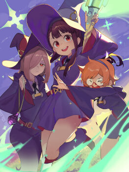 3girls absurdres blue_headband brown_hair closed_eyes glasses hat headband highres holding holding_wand kagari_atsuko little_witch_academia long_hair lotte_jansson luna_nova_school_uniform magic multiple_girls orange_hair pink_hair red_eyes round_eyewear school_uniform short_hair sucy_manbavaran sunset wand witch witch_hat yunqi_wolken
