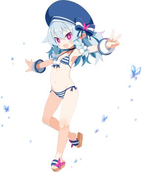 Rule 34 | 1girl, ao (disgaea), bikini, blue hair, braid, bright pupils, choker, disgaea, disgaea rpg, fang, flat chest, full body, harada takehito, hat, highres, ice, light blue hair, long hair, looking at viewer, navel, non-web source, official alternate costume, official art, open mouth, outstretched arms, photoshop (medium), pink eyes, sandals, solo, spread arms, striped bikini, striped clothes, swimsuit, transparent background, twin braids, wrist cuffs